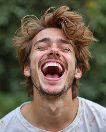 Man with messy brown hair and beard, laughing with eyes closed, mouth agape, showing teeth, and a joyful expression on a blurred green background.の素材