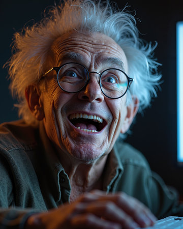 Elderly man with white hair, wearing glasses, displaying a shocked expression with mouth open and eyes wide, conveying a mix of surprise and excitement.の素材