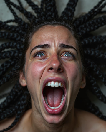 Young woman with braids, blue eyes, and open mouth, conveying a strong emotion of anger or frustration, with a tense facial expression and visible teeth.の素材