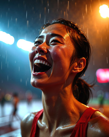 A young woman with a radiant smile, eyes closed, and head tilted back, exuding happiness and joy in the rain, her face glistening with water droplets.の素材