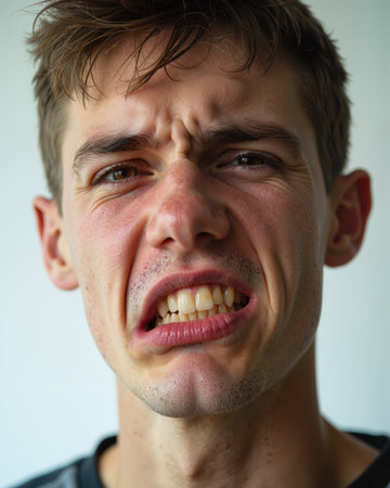 A young man with a scowling face, furrowed brow, and bared teeth, conveying intense anger or frustration, his facial features twisted in a snarl.の素材