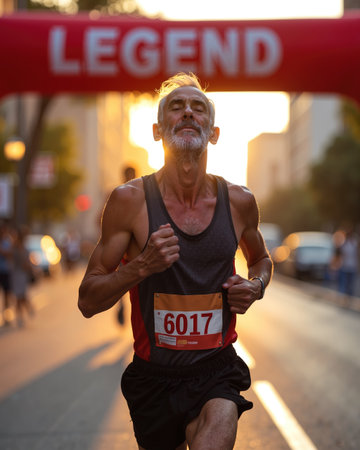 Older man with gray beard and hair, determined expression, and clenched fists, running through finish line with red banner.の素材
