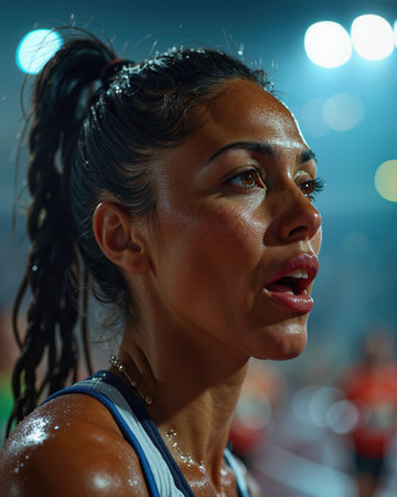 Focused woman athlete with sweaty skin, intense expression, and determined gaze, her mouth slightly open as if shouting or taking a deep breath.の素材