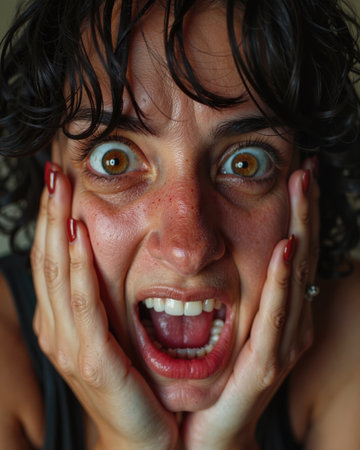 Womans face is contorted, eyes wide, mouth agape, hands on cheeks, conveying intense shock and surprise, with red nail polish and dark curly hair.の素材