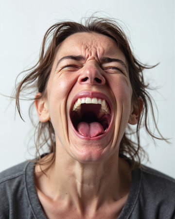 A woman with brown hair and a gray shirt, screaming loudly with eyes shut, mouth open, and facial muscles tense, conveying intense emotion and distress.の素材