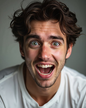 Man with brown hair and green eyes, wearing white shirt, has shocked facial expression and open mouth showing teeth, conveying intense emotion.の素材