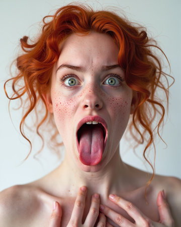 Young woman with red curly hair and freckles, displaying surprise and shock, sticks out tongue with wide green eyes and pale skin.の素材