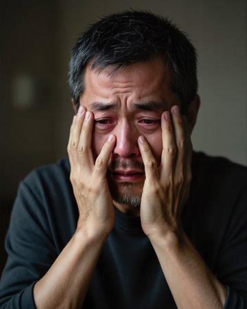 Man with dark hair and black shirt, holding face with a distressed and worried expression, showing signs of stress and anxiety on his face.の素材