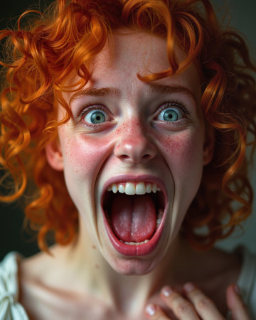 A young woman with curly red hair and blue eyes is screaming loudly, her mouth wide open, and her face contorted in a mixture of shock and fear.の素材