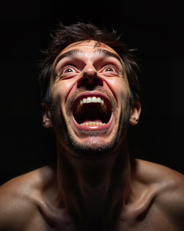 Man with dark hair and open mouth, showing teeth, conveying extreme emotion and loud yell, with intense facial expression and wide eyes.の素材