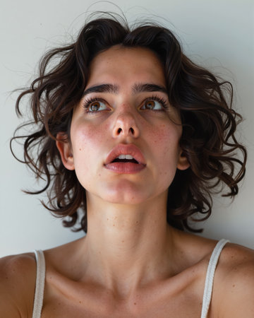 Woman with brown eyes, freckles, and messy hair, looking surprised with an open mouth and wide eyes.の素材