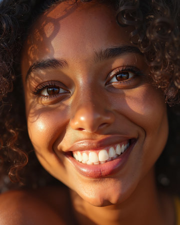 A young woman with dark skin and curly hair smiles brightly, her brown eyes shining with warmth and her white teeth glaming.の素材