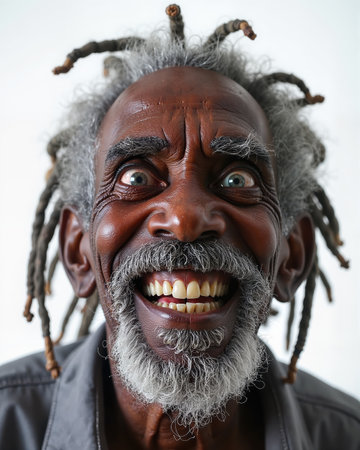The man has a dark complexion, gray dreadlocks, and a bushy gray beard, with a wide-eyed, surprised expression and a broad, toothy smile.の素材