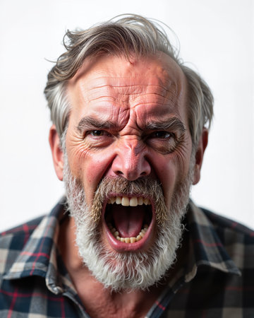 Older man with gray hair and beard, furrowed brow, and open mouth, exuding anger and frustration with a fierce facial expression.の素材
