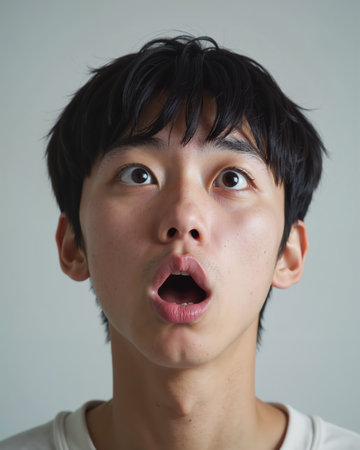 Shocked young man with messy black hair, open mouth, and wide, expressive eyes conveying surprise and astonishment.の素材