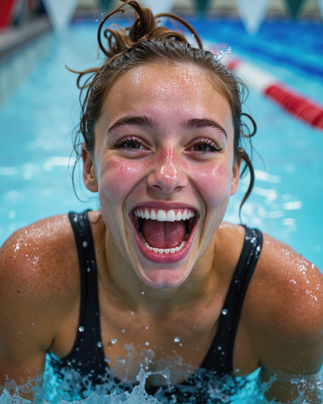 Woman in a pool, smiling widely, showing her teeth, with wet hair pulled back, rosy cheeks, and a black swimsuit, exuding happiness and energy.の素材
