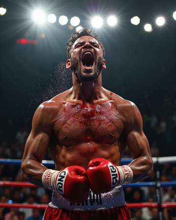 Injured boxer with bloody chest and face, yelling in pain and anger, with sweat and blood covering his body.の素材