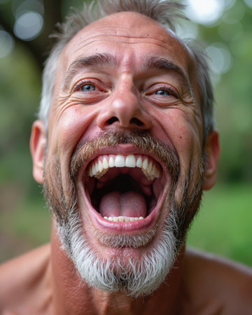 Mature man with gray hair and beard, shouting with wide open mouth, showing teeth, with a blurred green background, conveying intense emotion.の素材