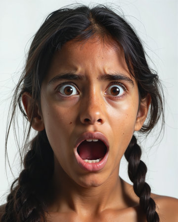 A young girl with dark hair in braids and wide, frightened eyes, her mouth agape in shock, conveying a strong emotional response.の素材