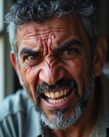 Man with graying hair and beard, smiling with bruises on face, showing a mix of pain and happiness.の素材