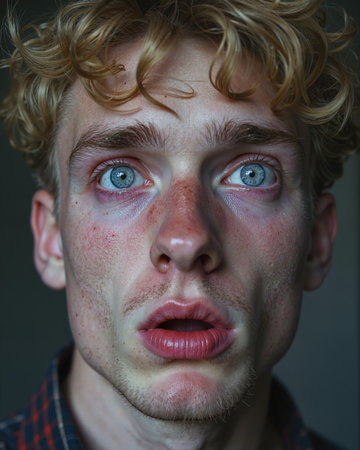Young man with blue eyes, curly blonde hair, and freckles, displaying a surprised expression with wide eyes and slightly open mouth.の素材