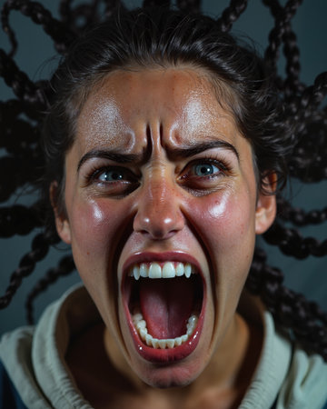 Woman with dark hair and blue eyes, screaming loudly with a furrowed brow, tears in her eyes, and a wide-open mouth.の素材