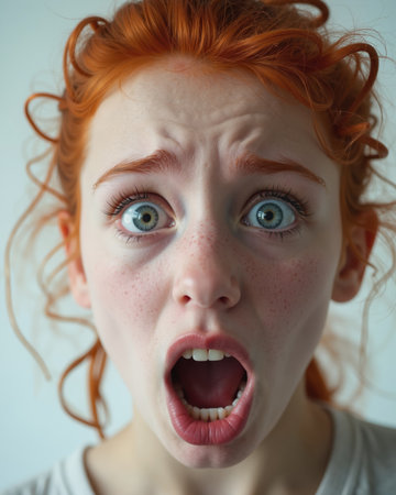 Young woman with bright blue eyes, red hair, and freckles, displaying a shocked expression with wide eyes and an open mouth, conveying surprise and astonishment.の素材