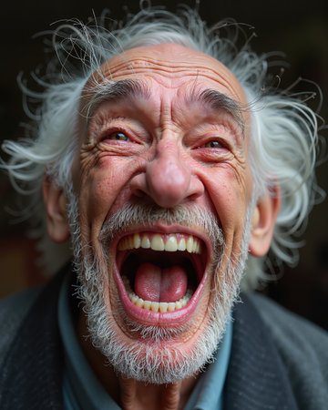 Elderly man with white hair and beard, screaming with wide open mouth, showing teeth and tongue, with a shocked and frightened facial expression.の素材