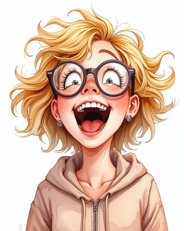 Cartoon-style illustration of a blonde girl with shocked expression, wide eyes, and open mouth, wearing glasses and a hoodie, on a white background.の素材