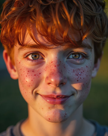 A young boy with red hair and freckles, smiling with bright green eyes and a subtle, gentle expression, showing a warm and friendly demeanor.の素材