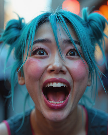 A young girl with vibrant blue hair and rosy cheeks is shouting with an open mouth, displaying her white teeth and tongue, conveying a strong emotion.の素材