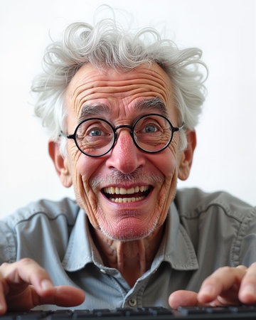 Elderly man with white hair, round glasses, and gray shirt, displaying a shocked expression with wide eyes and open mouth while typing on a keyboard.の素材