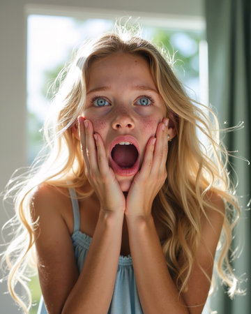 Blonde girl with blue eyes, freckles, and surprised face, hands on cheeks, mouth agape, and eyebrows raised in astonishment and shock.の素材