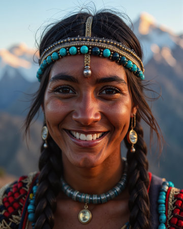 A smiling woman with dark hair, turquoise jewelry, and a nose ring, exuding happiness and cultural heritage, with a blurred mountainous background.の素材
