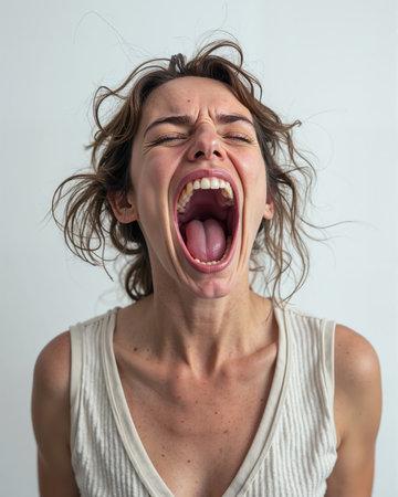 A young woman with brown hair and a white tank top screams loudly, her eyes closed, mouth open, and tongue visible, conveying intense emotion and frustration.の素材