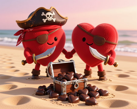 Valentines Day illustration of cartoon heart pirate characters on beach holding swords and treasure chest filled with heart-shaped chocolates, digital art style.の素材