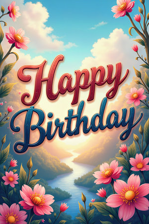 A birthday greeting card featuring a vibrant Happy Birthday text, surrounded by pink flowers and a scenic landscape of a river, clouds, and a sunrise.の素材
