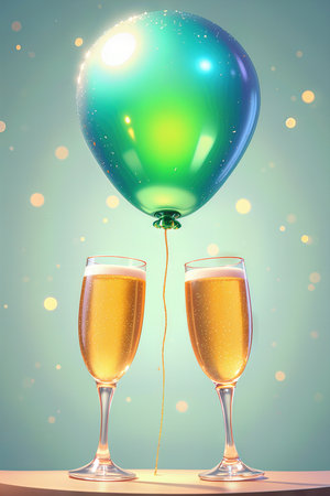 Two champagne glasses with a blue and green balloon attached, signifying a birthday.の素材