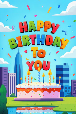 A birthday with a vibrant Happy Birthday to You message, a festive cake, and a city skyline.の素材