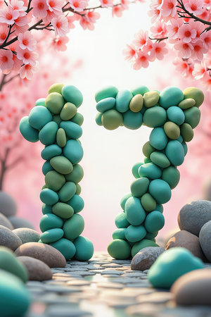 Birthday celebration for age seventeen, number seventeen made of turquoise and green polished stones, with cherry blossoms in the background.の素材