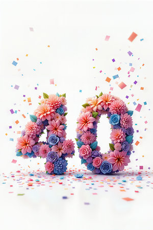 A festive birthday display featuring the number 40 adorned with colorful flowers, surrounded by confetti on a white background.の素材