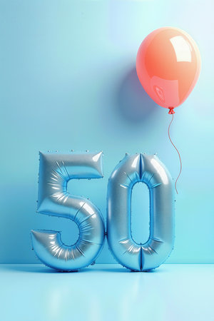 Celebrating a 50th birthday with shiny silver 50 balloons and a pink balloon floating against a blue background.の素材