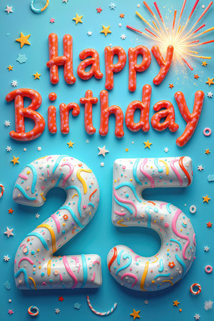 Celebrate a 25th birthday with colorful 3D text Happy Birthday 25 and decorative elements like stars and confetti on a blue background.の素材