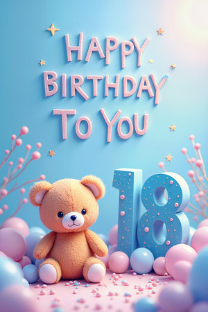A celebration card for an 18th birthday featuring a teddy bear, balloons, and colorful decorations. The background displays HAPPY BIRTHDAY To You and 18 in bold letters.の素材