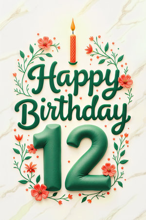 Celebrate a 12th birthday with a green and orange cake featuring Happy Birthday 12 and a candle, floral decorations on a marble background.の素材