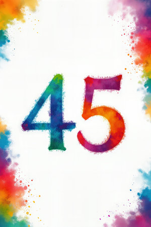 A vibrant 45th birthday celebration, featuring a brightly colored number 45 with a textured, rainbow design and a lively, multicolored background.の素材