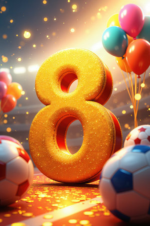 A vibrant 8th birthday celebration set in a stadium filled with soccer balls and colorful balloons.の素材