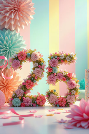 Celebrate a 25th birthday with vibrant floral numbers covered in pink and blue flowers, set against a pastel striped background with paper decorations.の素材