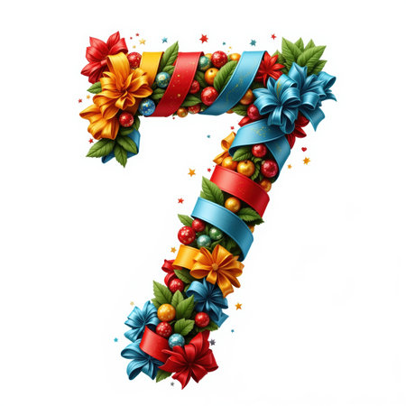 The number 7 is decorated with red, blue, and yellow ribbons, green leaves, and shiny ornaments on a white background, making it a festive birthday illustration.の素材
