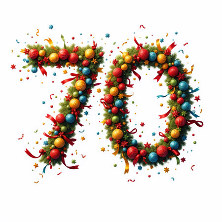 The number 70 is beautifully crafted from festive garlands, adorned with colorful ornaments, ribbons, and stars, creating a vibrant and celebratory feel on a white background.の素材